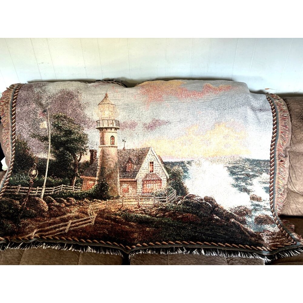 Thomas Kinkade Lighthouse Tapestry Throw Blanket 66”x45” A Light in the Storm
